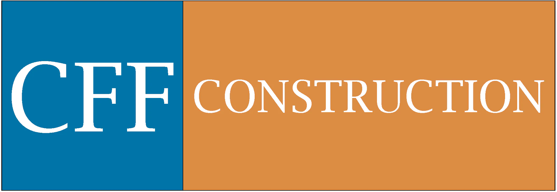 Logo for CFF Construction, a general contractor in New York City. The left side features a blue background with bold white "CFF," while the right side displays an orange background with "CONSTRUCTION" in white capital letters.